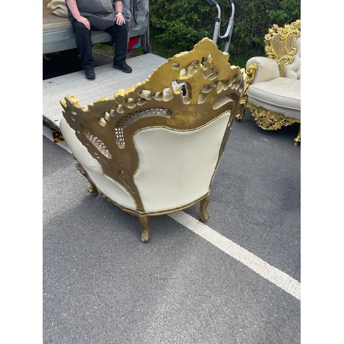 439 - Gilt framed Italian style leather three piece suite. resin frame, approximate measurements of 3 seat... 