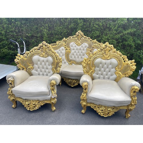 439 - Gilt framed Italian style leather three piece suite. resin frame, approximate measurements of 3 seat... 