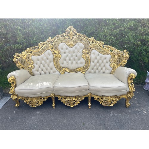 439 - Gilt framed Italian style leather three piece suite. resin frame, approximate measurements of 3 seat... 