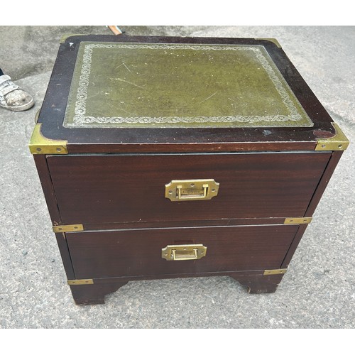 435 - leather topped two drawer campaign chest measures approx 18 inches tall, 18 wide, 15 deep