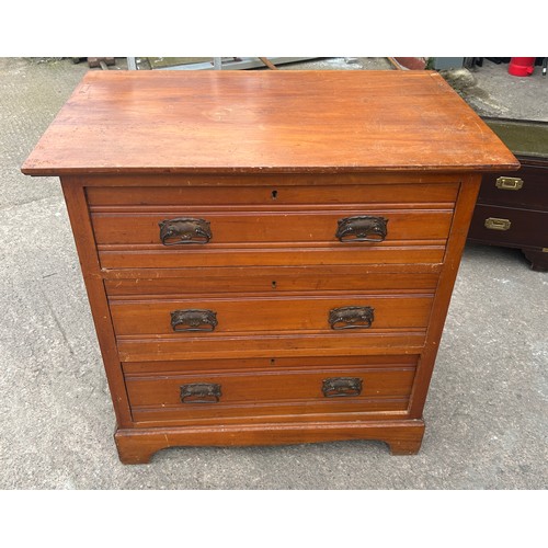 417 - three drawer satin wood chest measures approx 33 inches tall, 33 wide and 20 deep