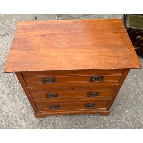 417 - three drawer satin wood chest measures approx 33 inches tall, 33 wide and 20 deep