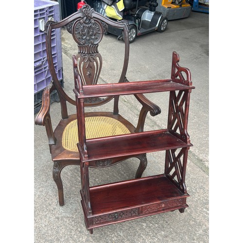 433 - Three pieces of mahogany items to include a bergere seated carver chair, bookcase and a wine table