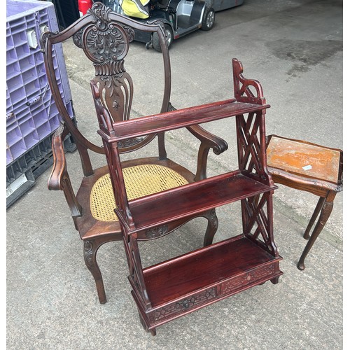 433 - Three pieces of mahogany items to include a bergere seated carver chair, bookcase and a wine table