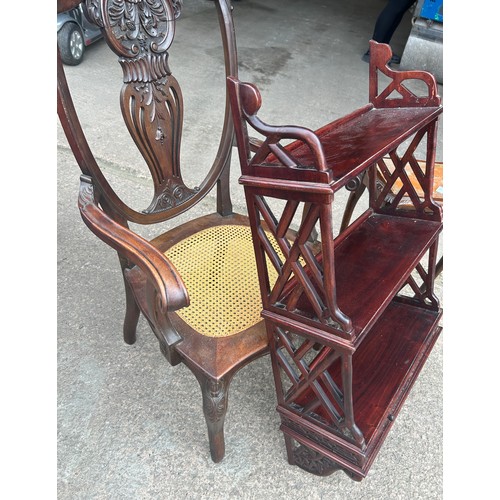 433 - Three pieces of mahogany items to include a bergere seated carver chair, bookcase and a wine table