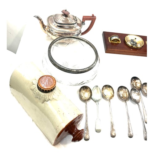 38 - Selection of vintage items to include silver plated tea pot, cutlery, ceramic hot water bed warmer a... 