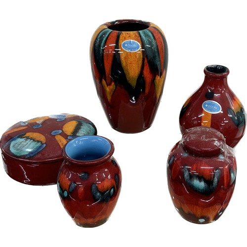 529 - Selection of Poole Pottery Volcano pattern, to include vase, lidded small ginger jar, large trinket ... 