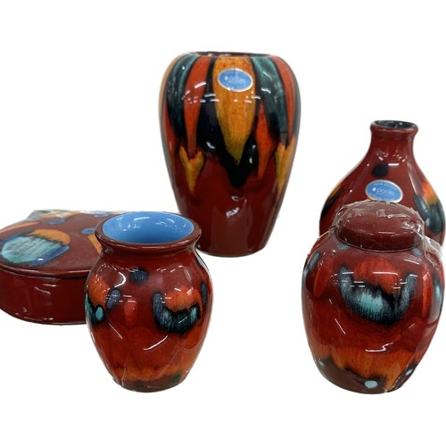 529 - Selection of Poole Pottery Volcano pattern, to include vase, lidded small ginger jar, large trinket ... 