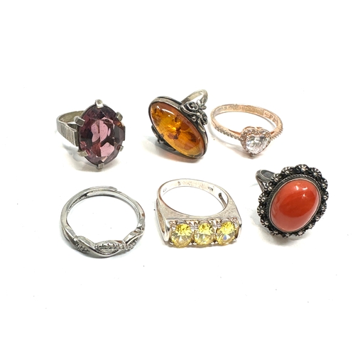 301 - 6 silver stone set rings inc coral amber etc