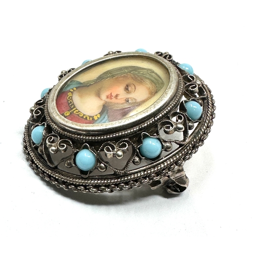 249 - Vintage Miniature Hand Painted Pendant Pin 800 Silver Brooch set with turquoise glass Portrait of yo... 