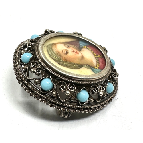 249 - Vintage Miniature Hand Painted Pendant Pin 800 Silver Brooch set with turquoise glass Portrait of yo... 