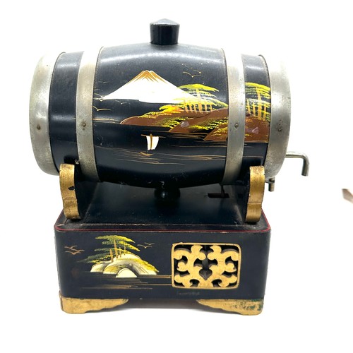 31 - Oriental black lacquer hand painted barrel on stand