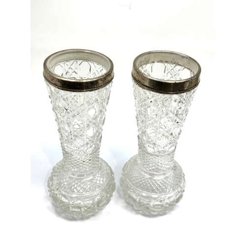 8 - Pair of silver rimmed cut glass vases each measure approx height 17cm London silver hallmarks