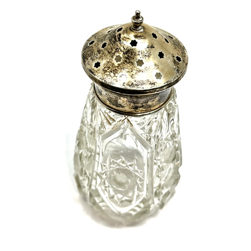 13 - Antique cut glass Sugar Castor with Sterling Silver Top, Birmingham silver hallmarks measures approx... 