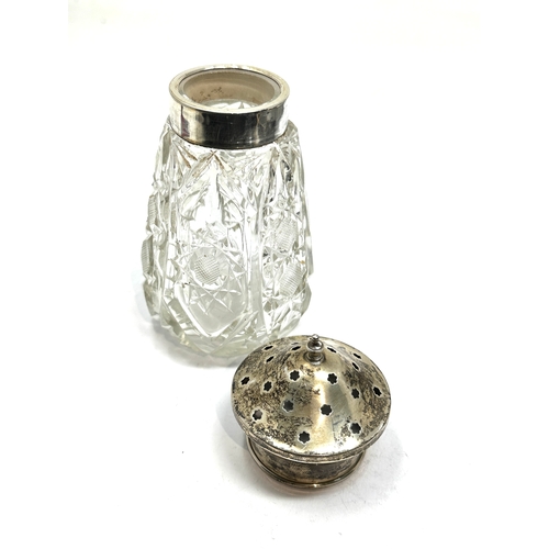 13 - Antique cut glass Sugar Castor with Sterling Silver Top, Birmingham silver hallmarks measures approx... 