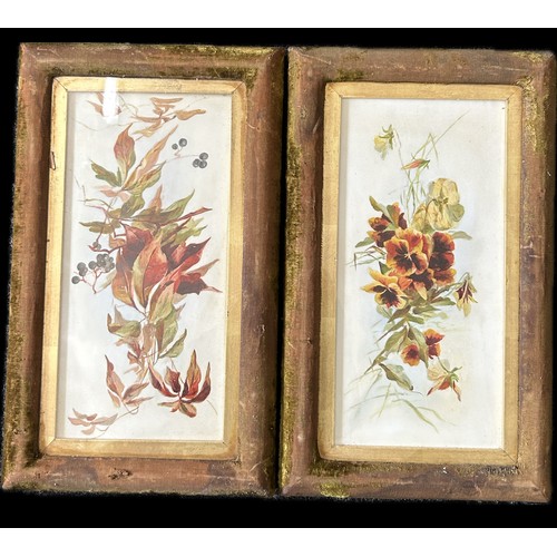 81 - Pair vintage paintings of flowers on tiles, approximate frame measurements: 45 x 27cm