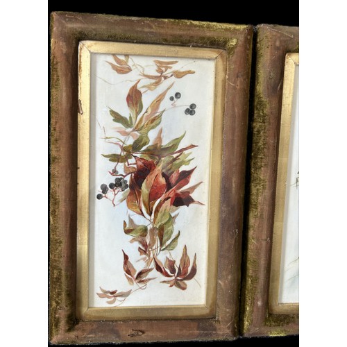 81 - Pair vintage paintings of flowers on tiles, approximate frame measurements: 45 x 27cm