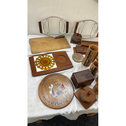 380 - Selection of wooden items includes Vintage part bamboo water jug and cup set