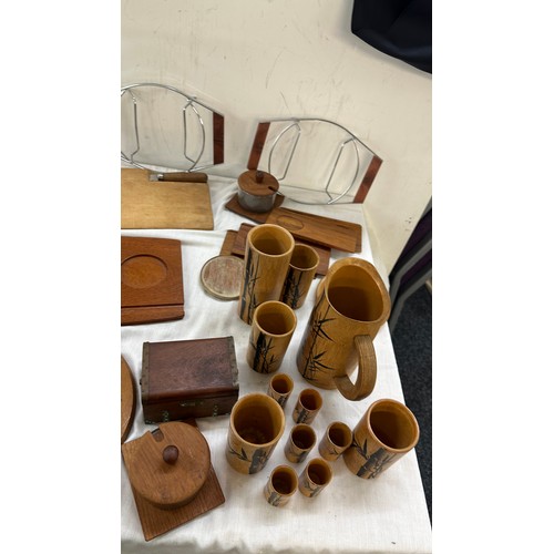 380 - Selection of wooden items includes Vintage part bamboo water jug and cup set