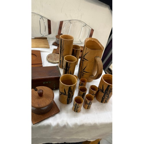 380 - Selection of wooden items includes Vintage part bamboo water jug and cup set