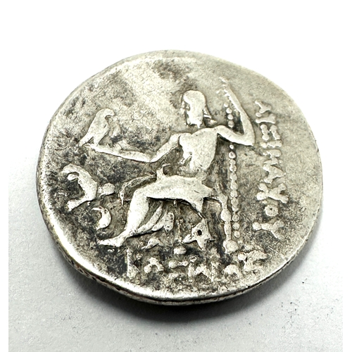 398 - Silver drachm coin minted by Alexander the Great (336-323 BC). Obverse: Alexander as Herakles wearin... 