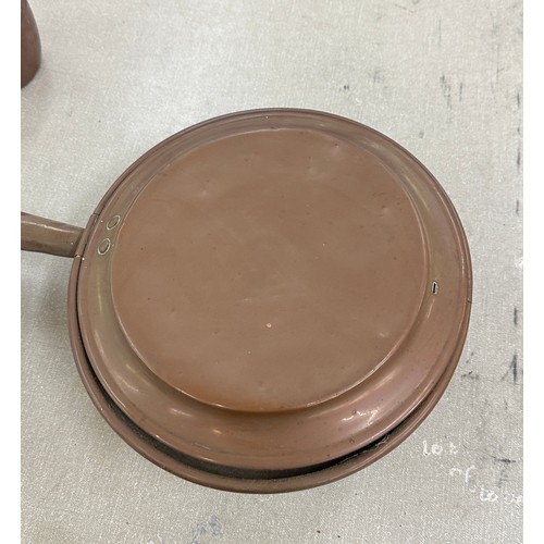 265 - Selection of metalware to include warming pan, miniature copper kettle, large copper kettle and triv... 