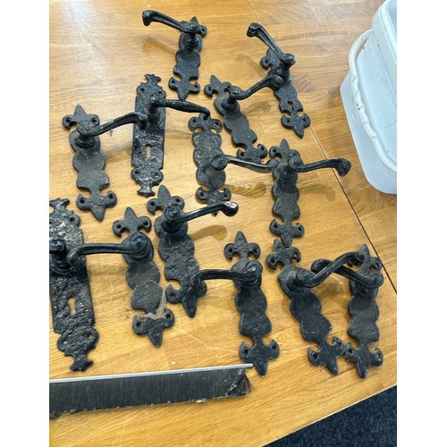279 - Selection of vintage cast door handles, hinges, letter box etc