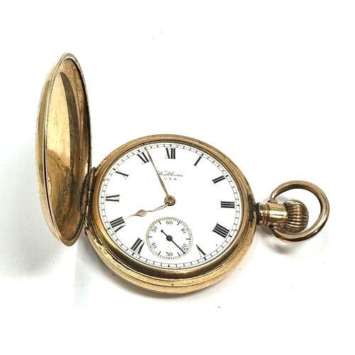 411 - 14ct gold plated waltham mass full hunter pocket watch the watch will tick when shaken but stops the... 