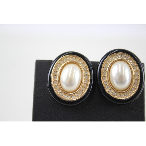 350 - Pair of gold tone simulated pearl clip on earrings by designer Christian Dior (21g)