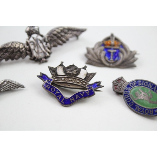 379 - Sterling Silver Military Sweetheart Badges x 6 inc Royal Navy R.A.F 29g