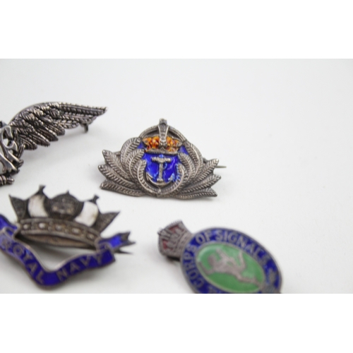 379 - Sterling Silver Military Sweetheart Badges x 6 inc Royal Navy R.A.F 29g