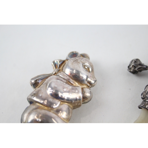 63 - 3 x .925 sterling baby rattles / whistles inc ivorine etc