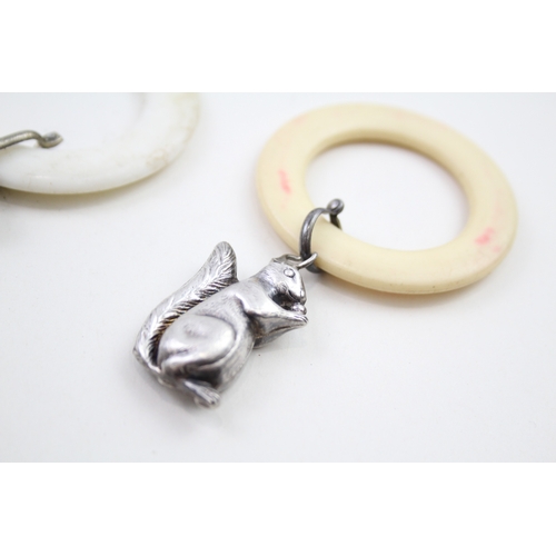 72 - 3 x .925 sterling baby rattles inc mop, ivorine etc