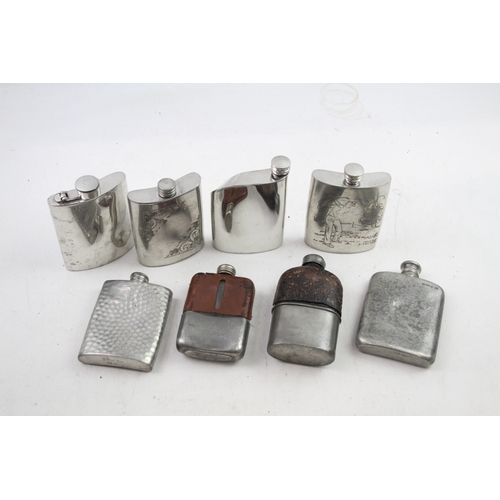 499 - Hip Flasks English Pewter Leather Bound Bottle Royal Selangor Hammered Etc x 8