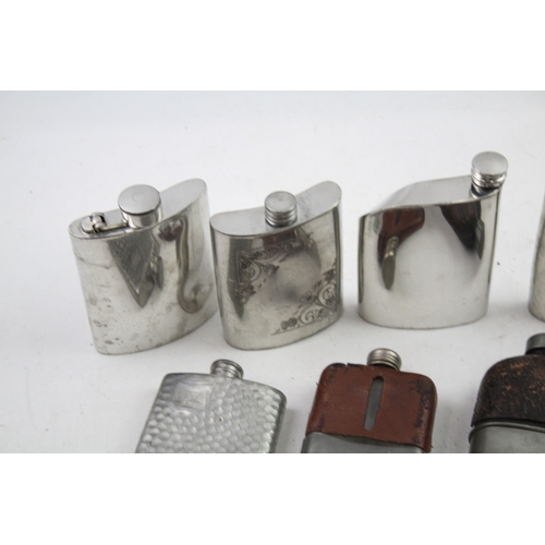 499 - Hip Flasks English Pewter Leather Bound Bottle Royal Selangor Hammered Etc x 8