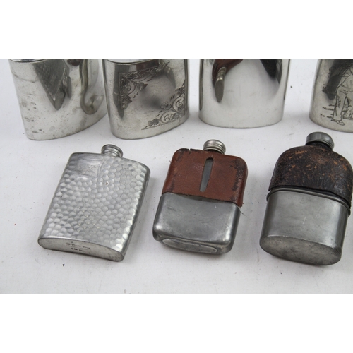 499 - Hip Flasks English Pewter Leather Bound Bottle Royal Selangor Hammered Etc x 8