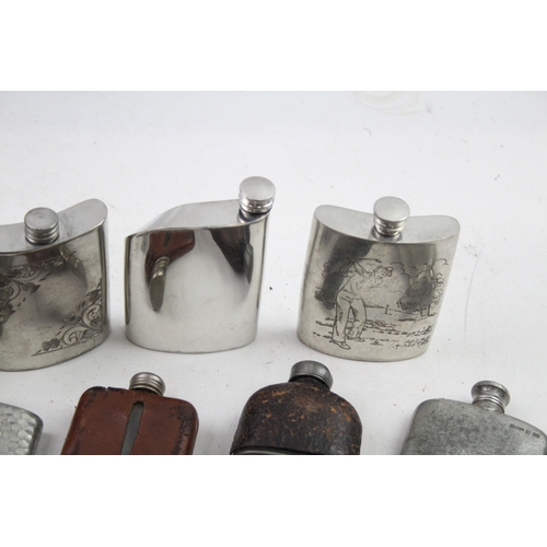 499 - Hip Flasks English Pewter Leather Bound Bottle Royal Selangor Hammered Etc x 8