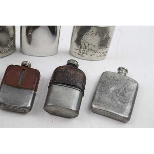 499 - Hip Flasks English Pewter Leather Bound Bottle Royal Selangor Hammered Etc x 8