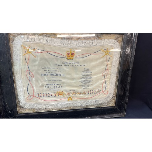 46 - Framed vintage French Cafe de Paris Coronation Gala Dinner silk 21 inches wide and 17 tall