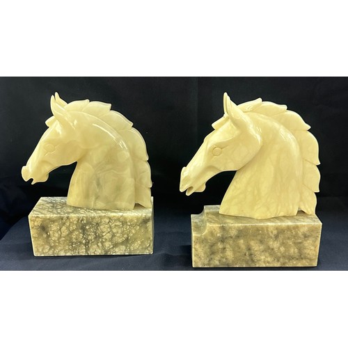 77 - Pair of marble and oynx horse head figures overall height 11 inches