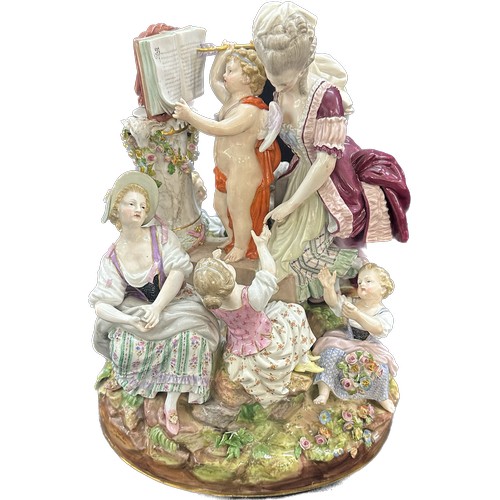 Meissen porcelain figural group ' Lessons in Love' possibly 19th century. Overall height 11 inches. Damage to fingers as seen in images

Condition as found some missing fingers.