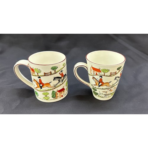 569 - Two Crown Staffordshire hunting scene mugs