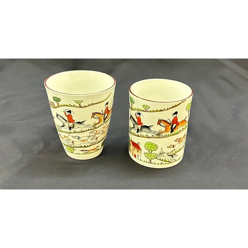 569 - Two Crown Staffordshire hunting scene mugs