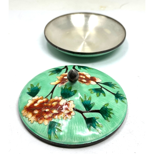 1 - 999. Silver & enamel trinket dish measures approx 11.5cm dia with floral enamel detail in good condi... 