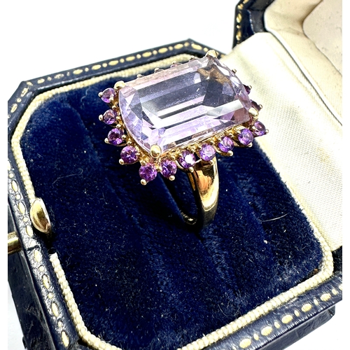 165 - 9ct Pink Spinel Emerald Cut & amethyst halo   Cocktail Ring weight 5.1g