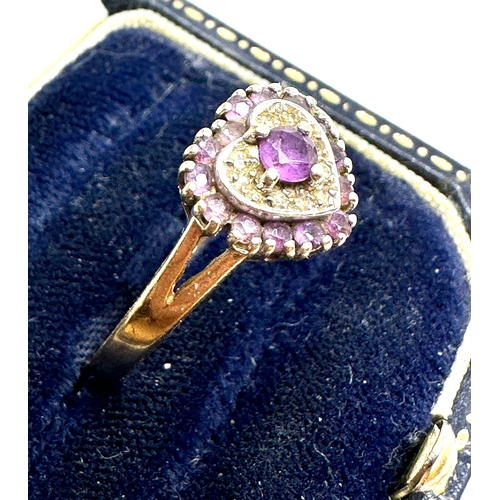 182 - 9ct gold diamond & amethyst heart ring weight 3g