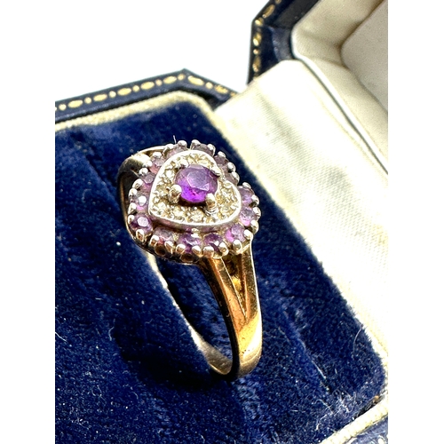 182 - 9ct gold diamond & amethyst heart ring weight 3g