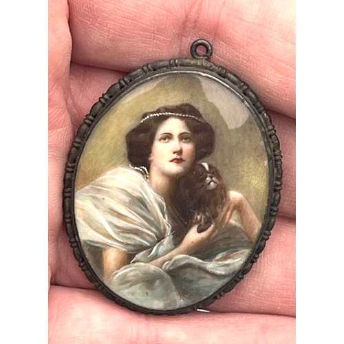 185 - Fine antique portrait miniature painting of a lady with dog measures 3.6cm by 4.7cm