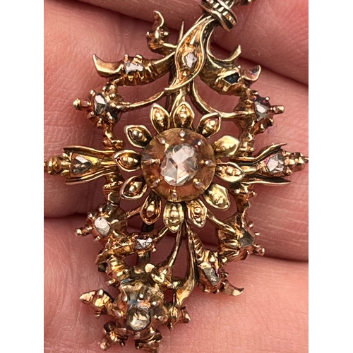 187 - Antique rose cut diamond yellow metal brooch weight 7.3 gms length 4cm central diamond approx 4mm by... 