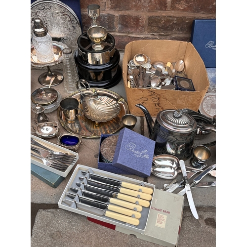 83 - Large selection of various silver plate & other metal ware to include tea set cutlery coasters cruet... 